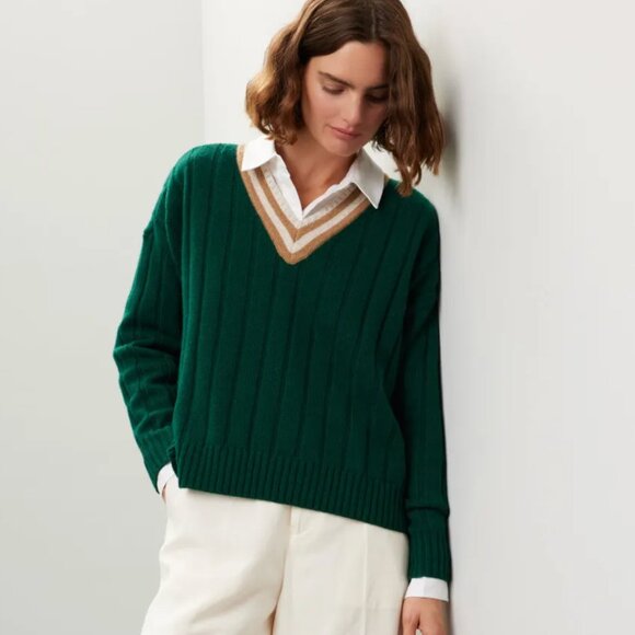 NWOT Madewell Tipped V-Neck Oversized Sweater utopian pine green brown stripe - Picture 1 of 4